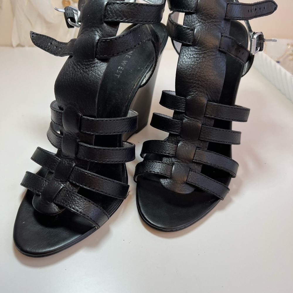 Nine West Black Leather Wedge Sandals - Picture 10 of 11